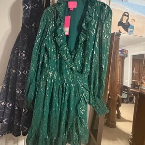 Green Ruffled Dress with Metallic Accents